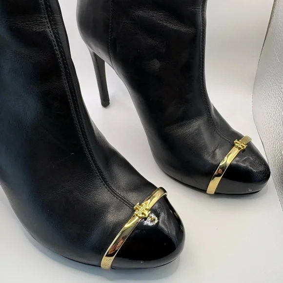 Tory Burch Pacey Black and Gold Ankle Booties - Picture 3 of 11
